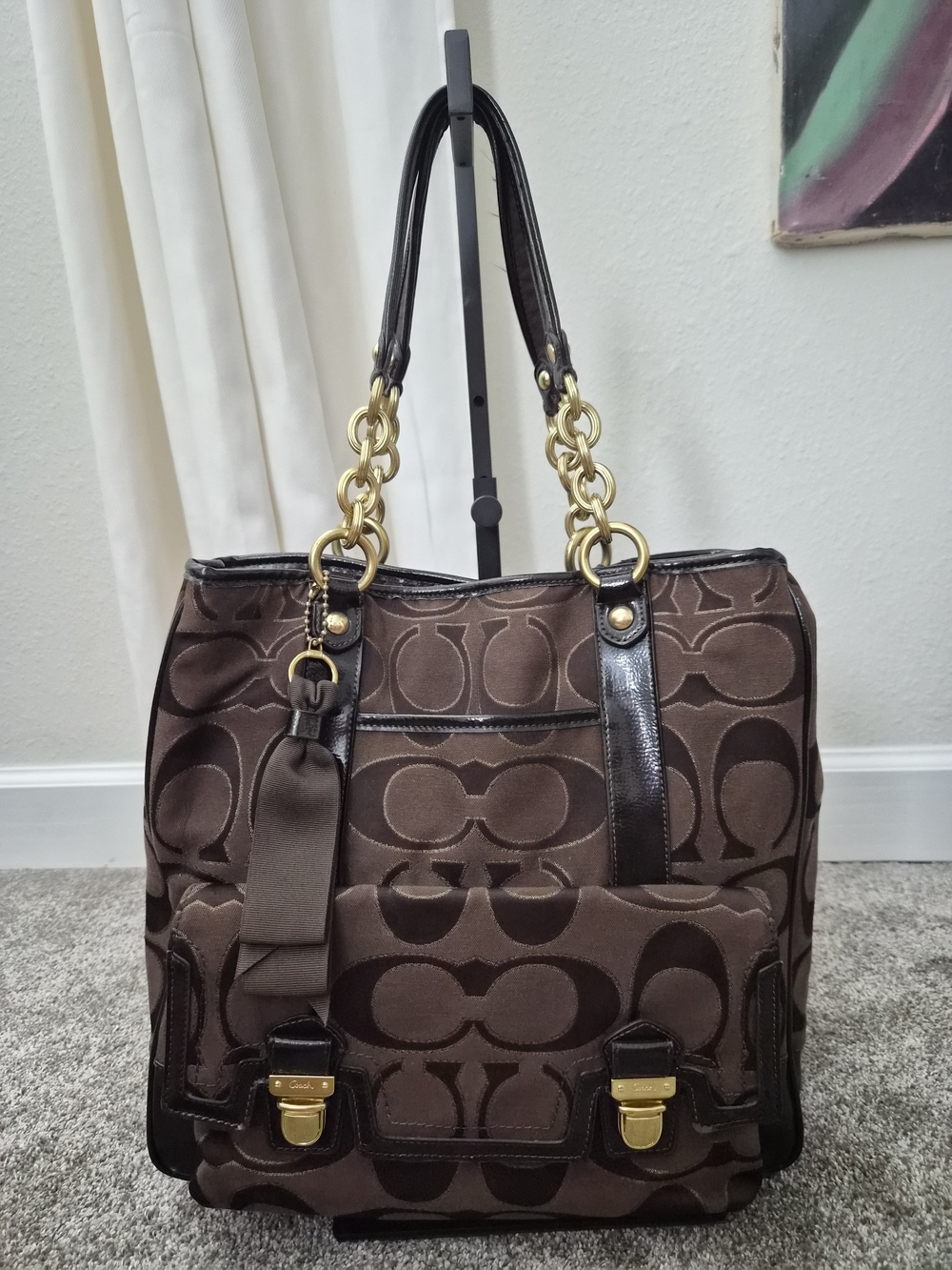 Coach Brown Signature Jacquard Tote with Gold Hardware